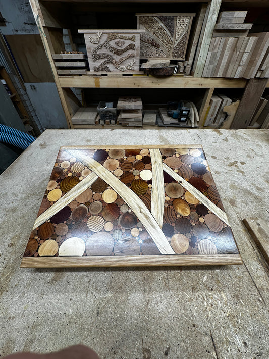 Wooden Charcuterie or Cutting Board-End Grain Slices of beautiful Wood set amongst Olive Branches.