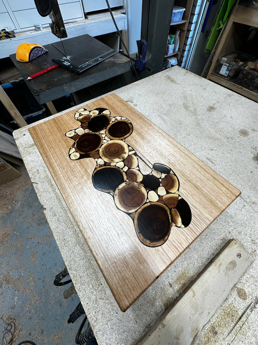 Artful Timber Cutting Board inset with Blackwood, Mulga, Coast Banksia and Elm.