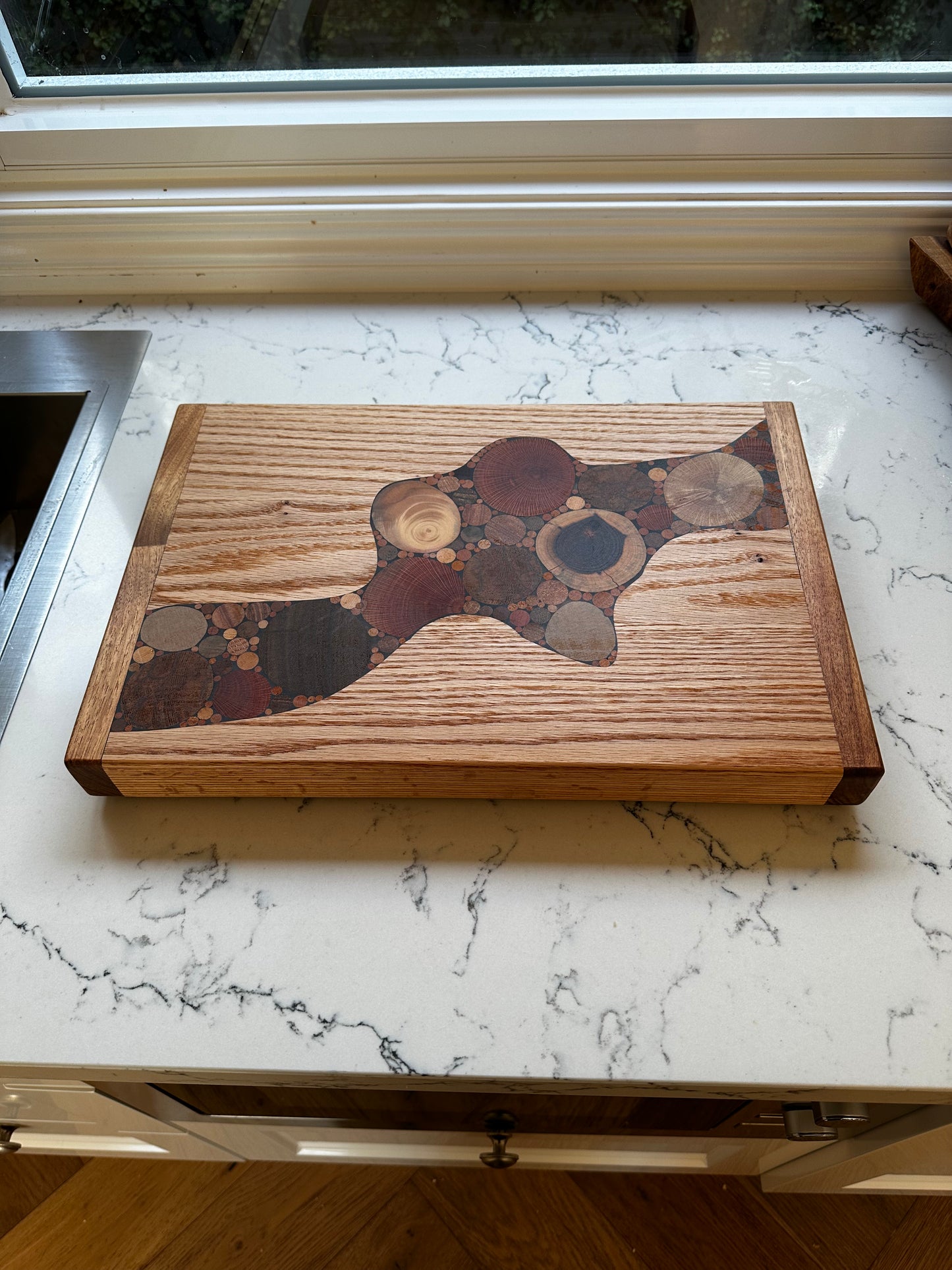 "River Series" [SKU 6170] Handcrafted Timber Board-American White Oak inset with End Grain Timber.