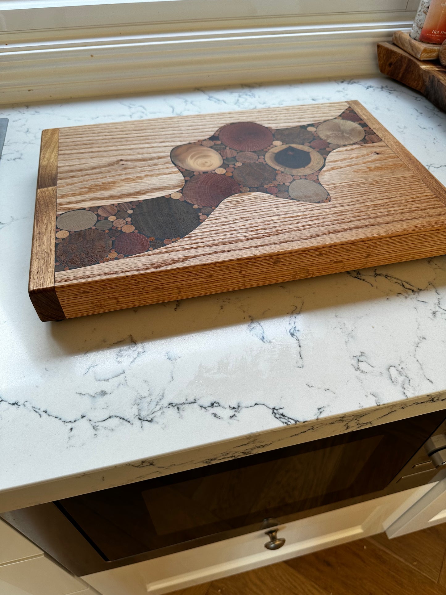 "River Series" [SKU 6170] Handcrafted Timber Board-American White Oak inset with End Grain Timber.
